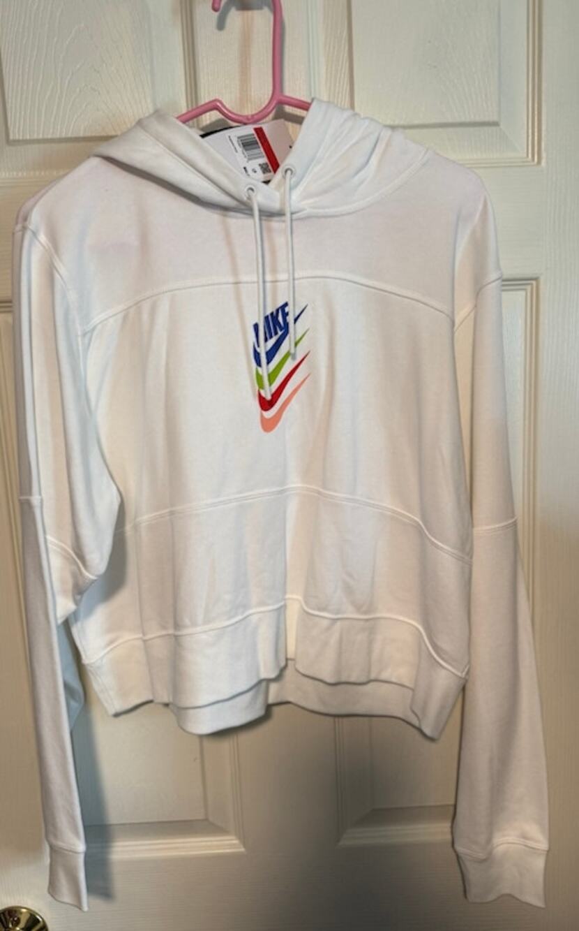 White Nike Multicolor logo/swoosh CROP hooded sweatshirt- Women's Lg NWT
